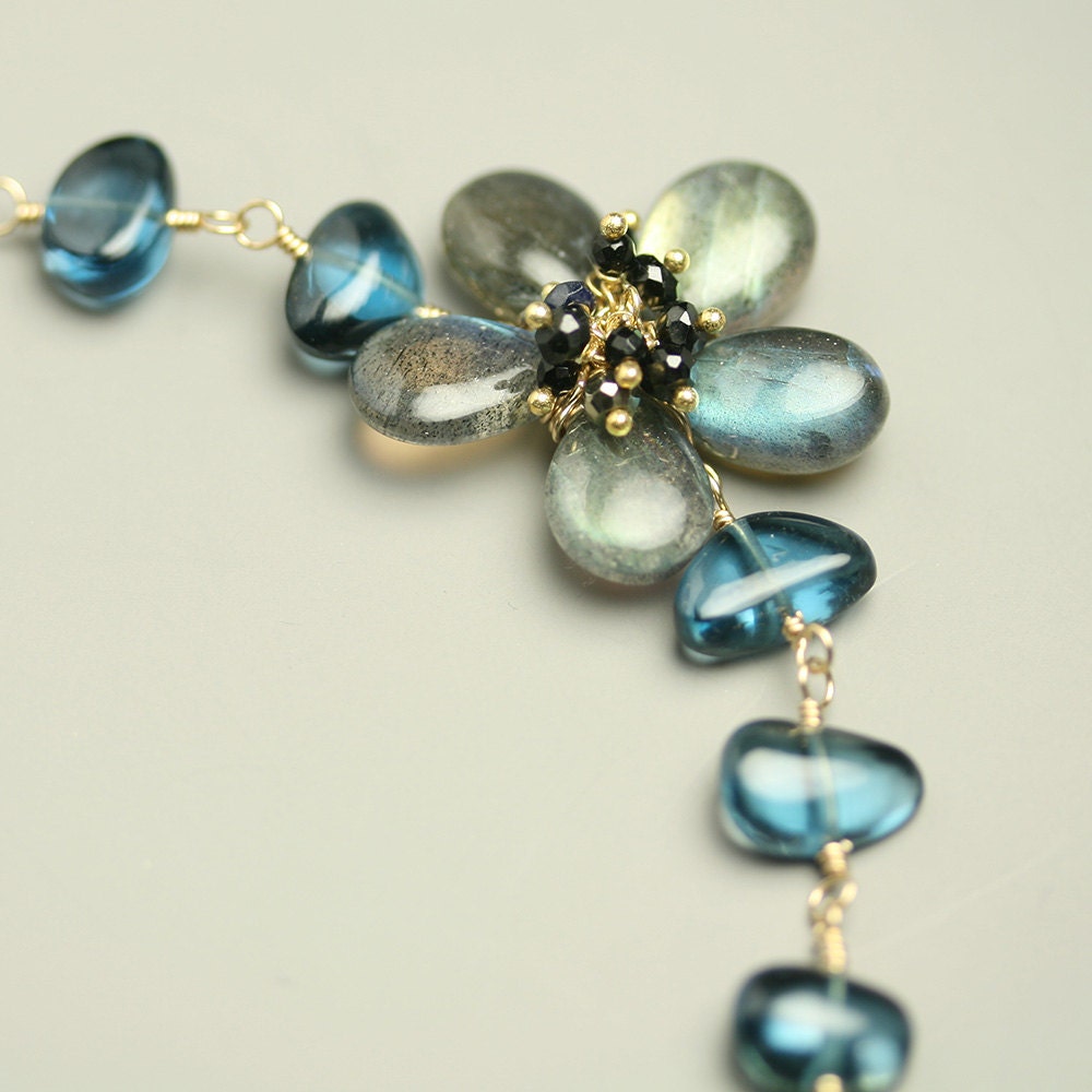 Stormy Skies Flower Necklace, Labradorite London Blue Topaz Statement Necklace