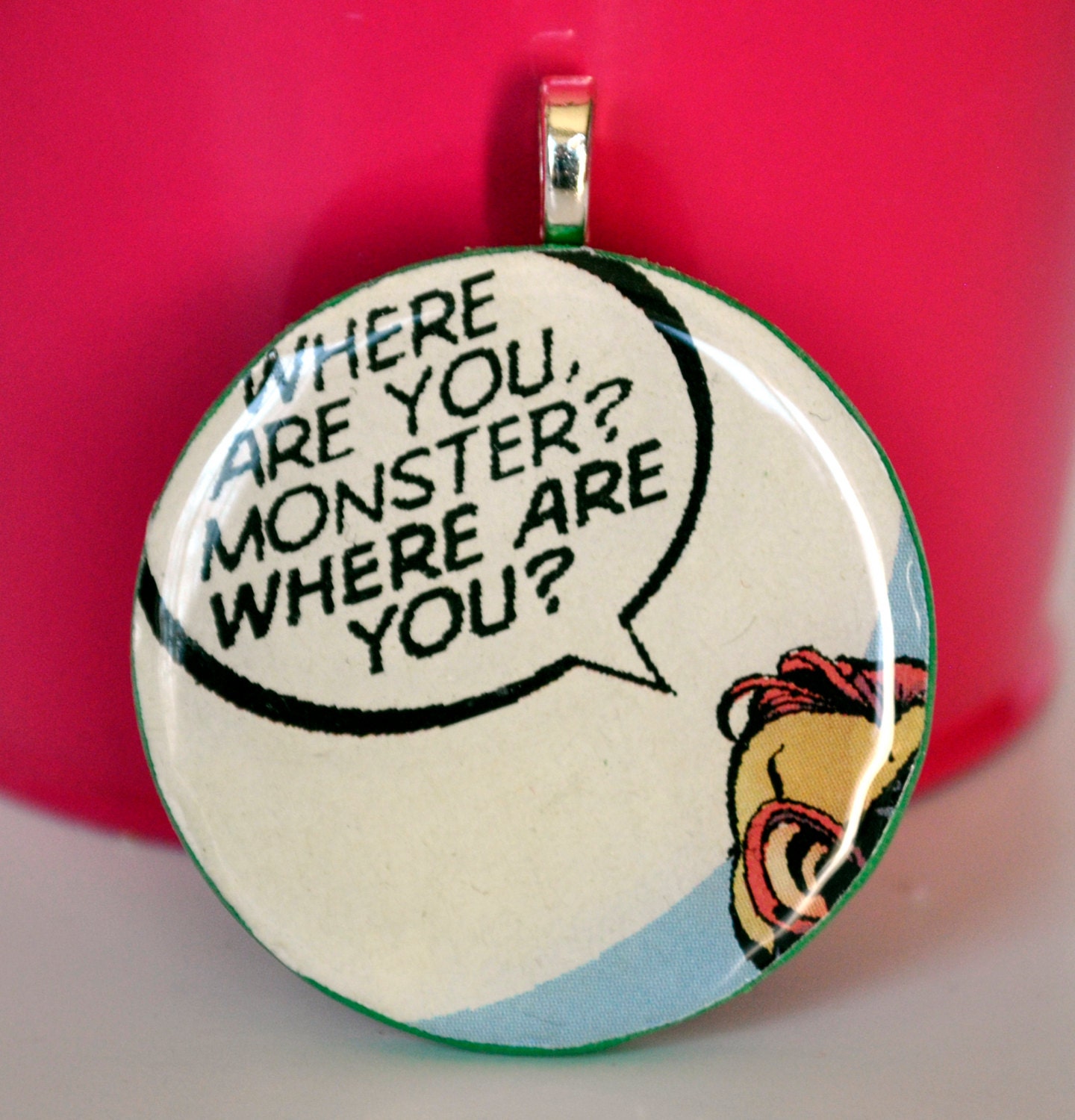 Comic Book Word Bubble Pendant - Poker Chip Necklace - Geeky Comic Jewelry -Where Are You Monster