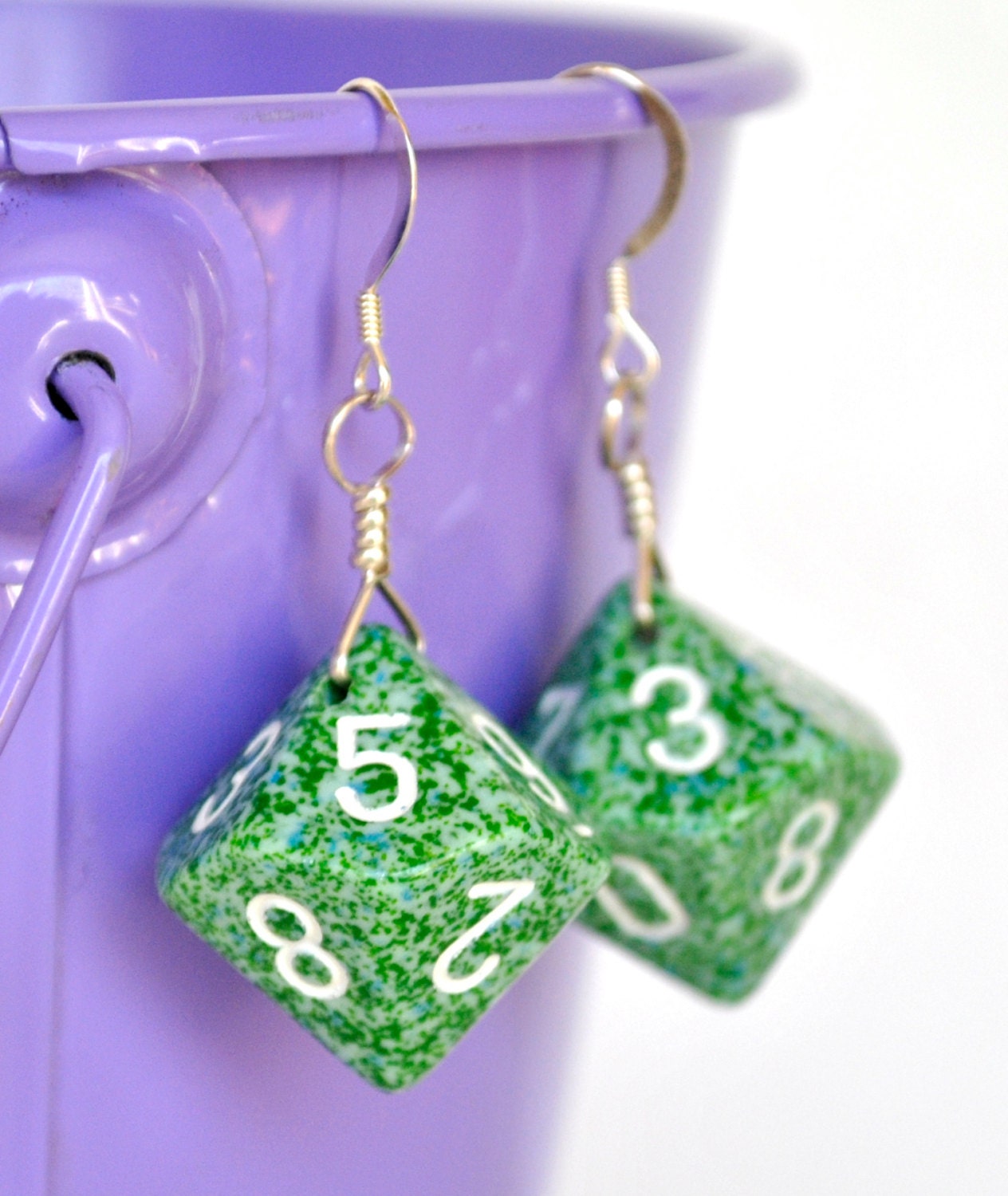Dice Earrings - Green Speckled Ten Sided Dice d10 - Geeky Gamer Jewelry
