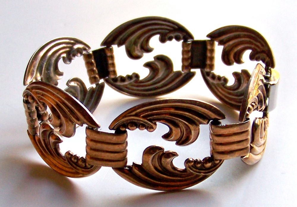 SJK Vintage -- W.E. Richards Symmetalic Sterling and 14K Gold Vermeil Panel Links Bracelet (1930's-40's)
