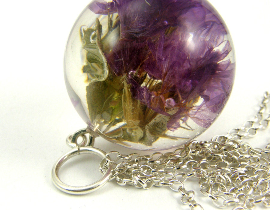 Purple Flower Necklace, Large Resin Round with Sterling Silver Chain