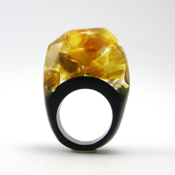 Amber Ring, Classic Clear and Black Resin Ring with Baltic Amber
