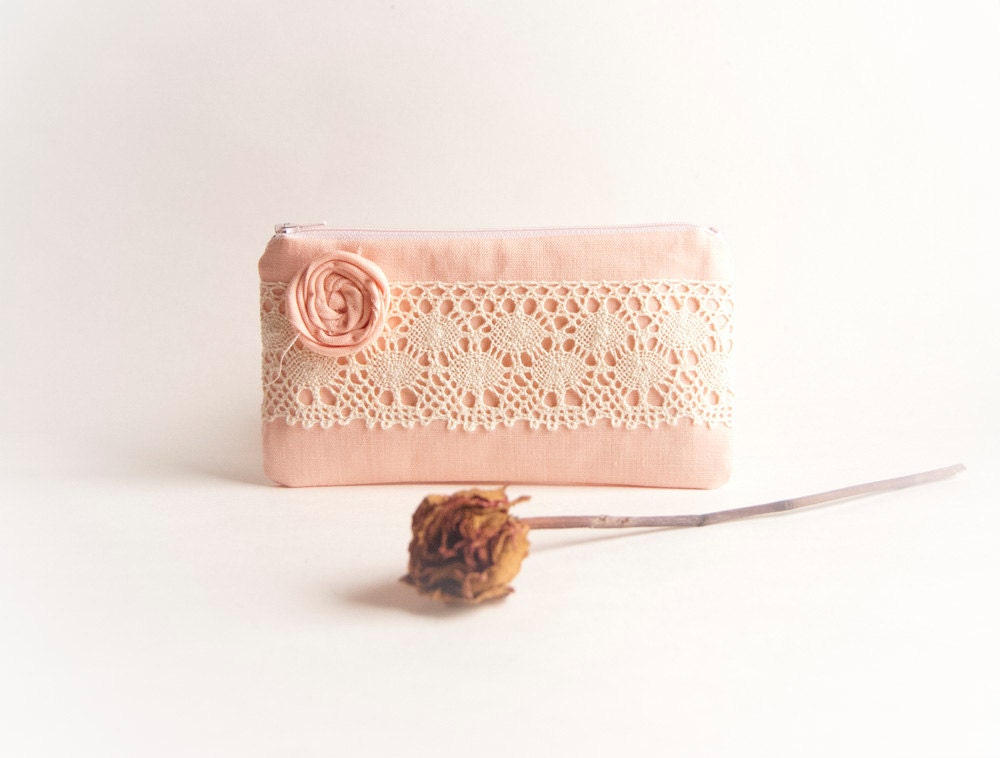 Spring Rustic Wedding Clutch Bridesmaid Gift Idea Clutch Pouch Purse Cosmetic clutch Peach pink Rosette Lace Rose  by Lolos