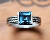 Blue topaz ring - wheat band - December birthstone - braid band - recycled sterling silver - oxidized - ready to ship - size 7.25