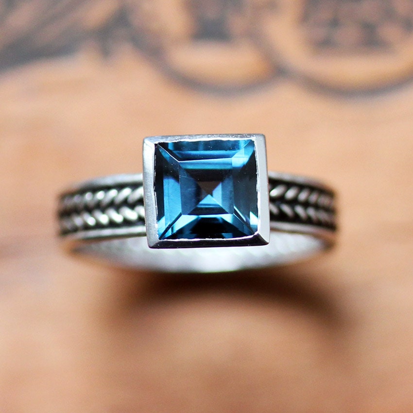 Blue topaz ring - wheat band - December birthstone - braid band - recycled sterling silver - oxidized - ready to ship - size 7.25