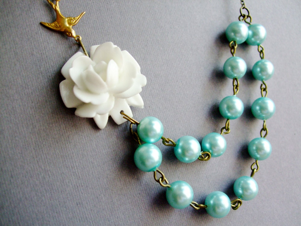 For Her,Soft Tiffany Blue Necklace,Pearl Jewelry,Spring Fashion,Bridesmaid Necklace,White Jewelry,Romantic Jewelry (Free matching earrings)