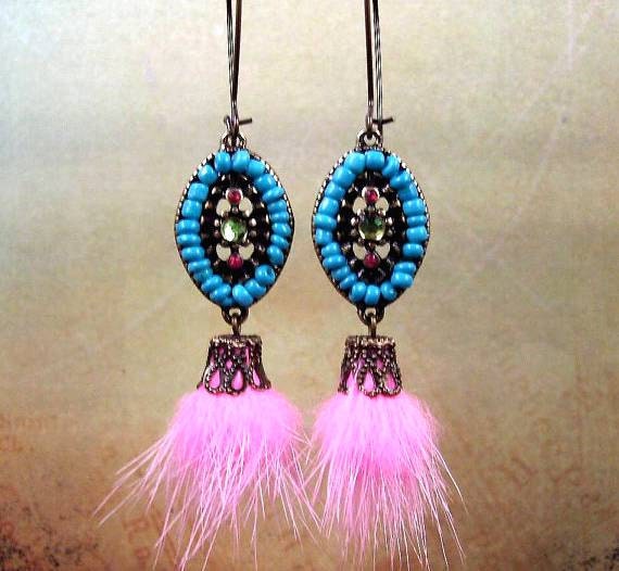 Fur Earrings, Boho Chic, Pink Fur and Tribal, Brass Earrings, Real Mink Fur Earrings, FREE Shipping U.S.