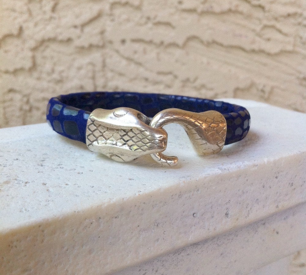 New - Snakebite Leather Cuff Bracelet - Silver Snakehead and Tail Clasp