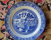 10" WOODS WARE WILLOW Porcelain Vegetable Serving Plate Collectible Pagoda Scene Made in England 1930s By Wood and Sons