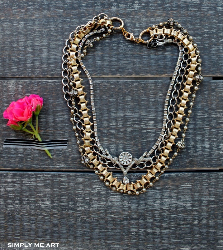 Vintage Art Deco Rhinestone Pearl and Brass Layered Necklace... Rock and  Rebel Four