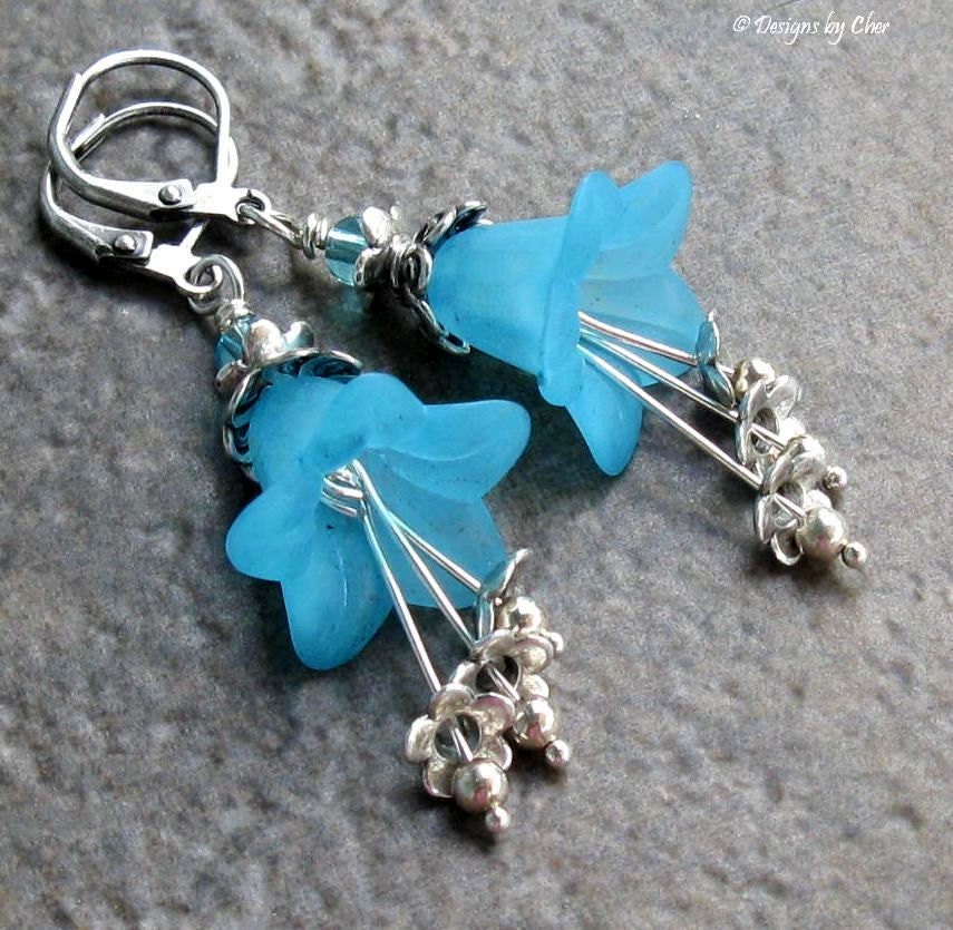 Electric Blue Lucite Flower Earrings, Sterling and Tibetan Silver, Delicate Flower Jewelry