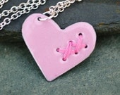 Mended Broken Enamel Heart Pendant Necklace Copper Enameled Jewelry Sewn Medium Pink