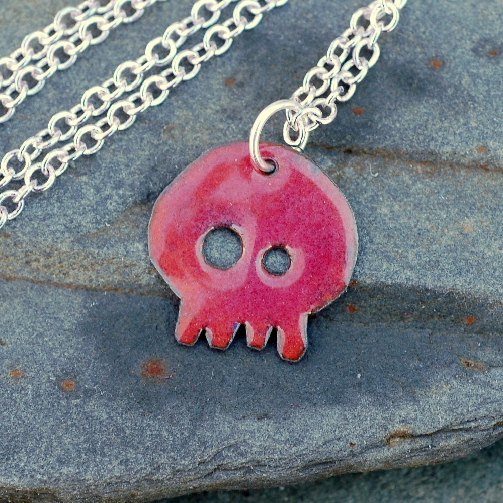Enamel Skull Pendant, Dia de los Muertos Necklace, Copper, Pink Purple, Enameled Jewelry - Baby Honeysuckle