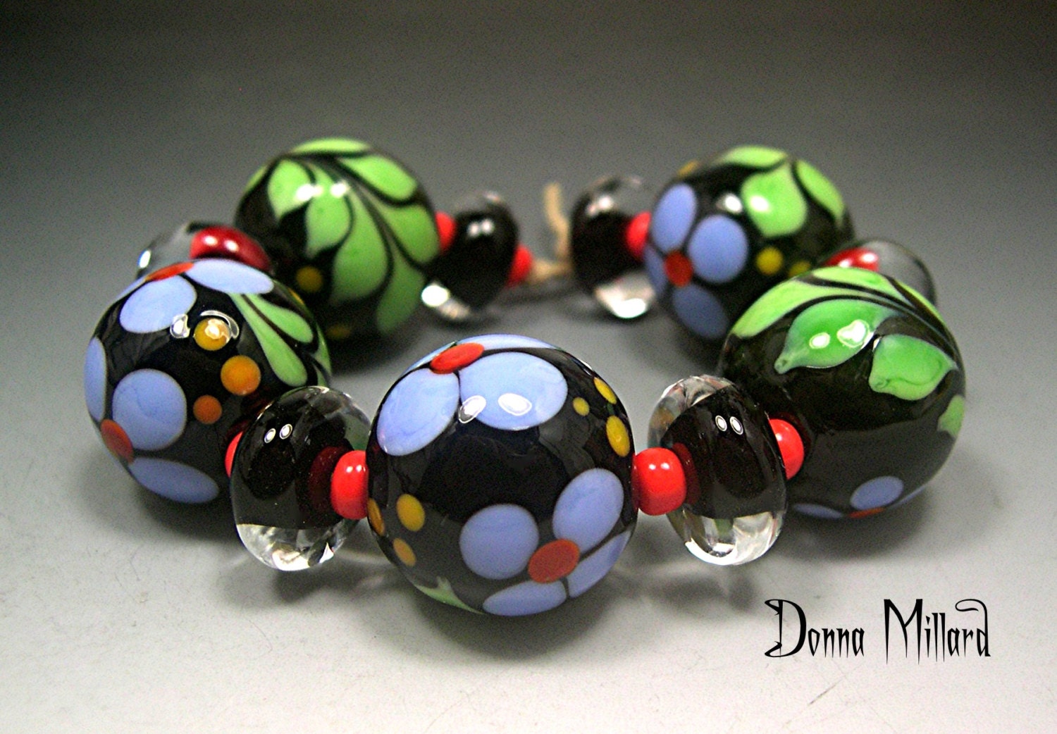 HANDMADE LAMPWORK Earring Beads Donna Millard SRA blue green flowers spring summer beach