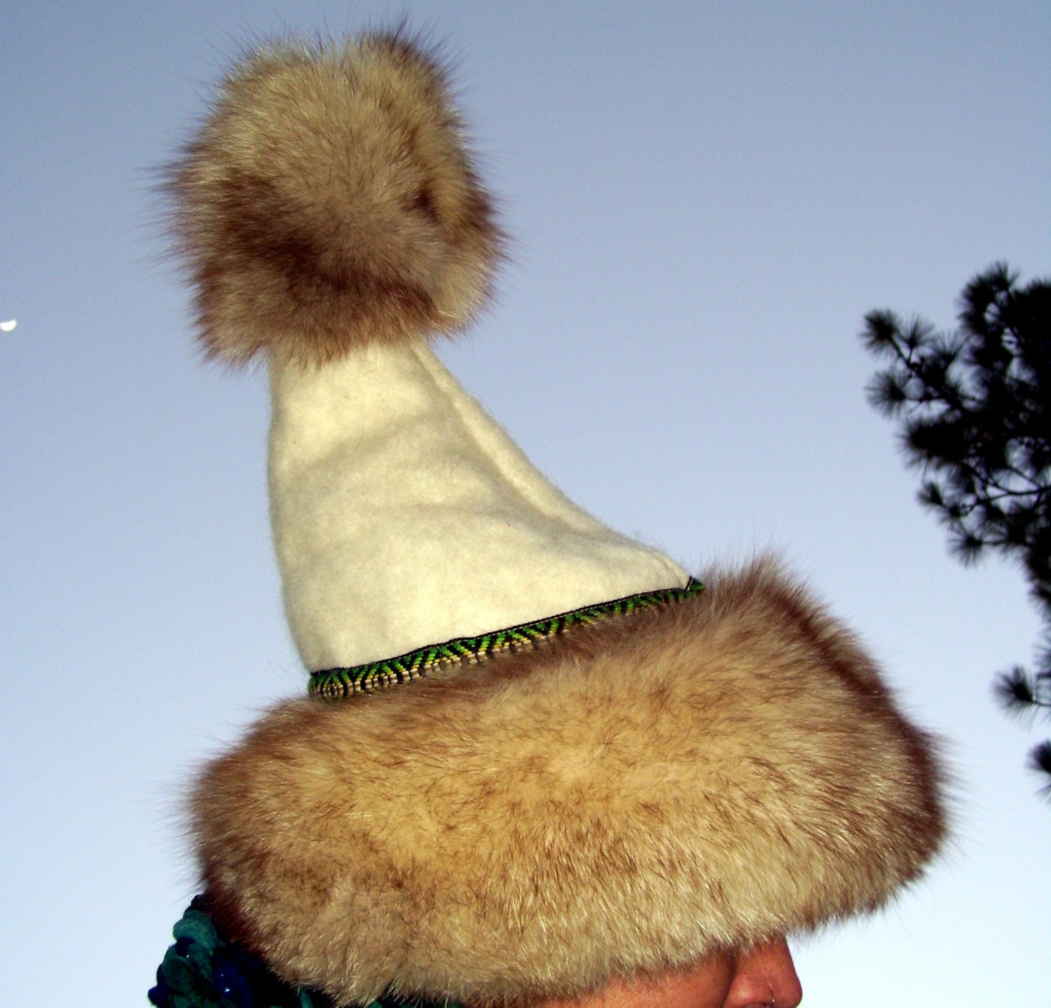 Wool Fox Fur Hat Dr Suess Wiccan Upcycled Fur Burning Man Inuit Eskimo Geek Head Piece