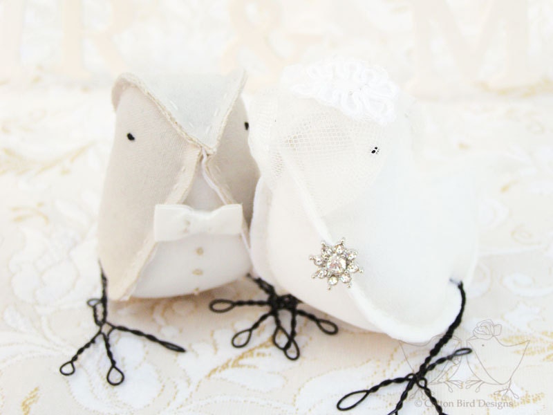 Fabric Birds Wedding Cake Topper Love Birds  LINEN and SILK