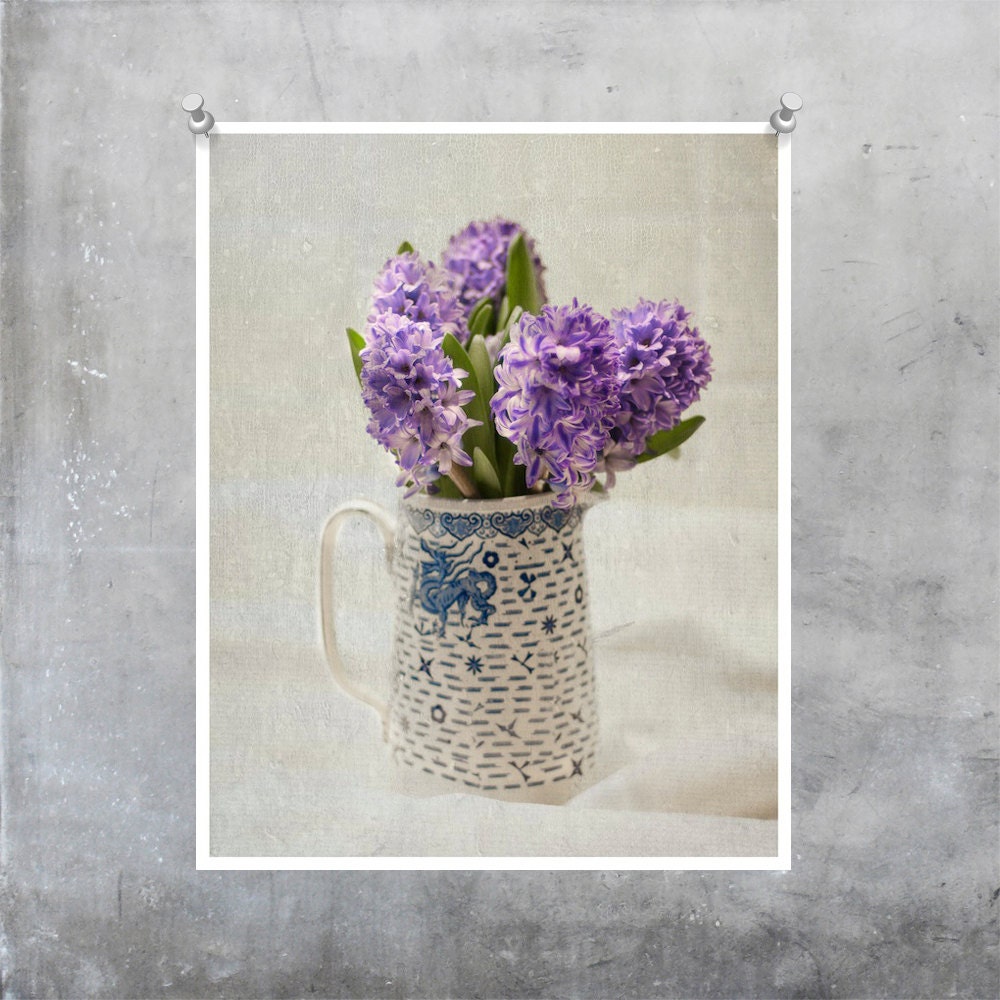 Floral Photography - Shabby Chic Hyachith Still Life Wall Art - flowers purple lilac in blue and white jug - 10x8 fine art photo print