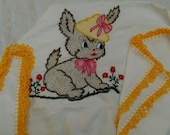 Handmade hand embroidered baby blanket vintage stye puppy dog with hat yellow crocheted trim