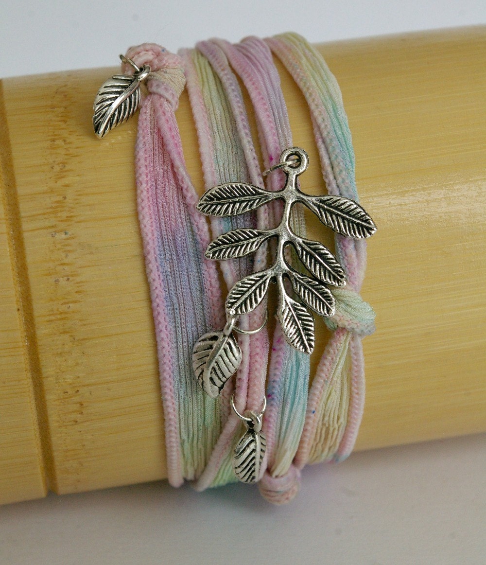 Silk Wrap Charm Bracelet : Natural Hand Dyed Ribbon with Tree Charms