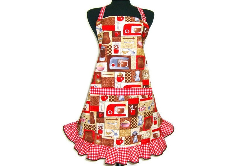 Retro Coffee Shop Apron, Hostess Kitchen Style with Ruffle