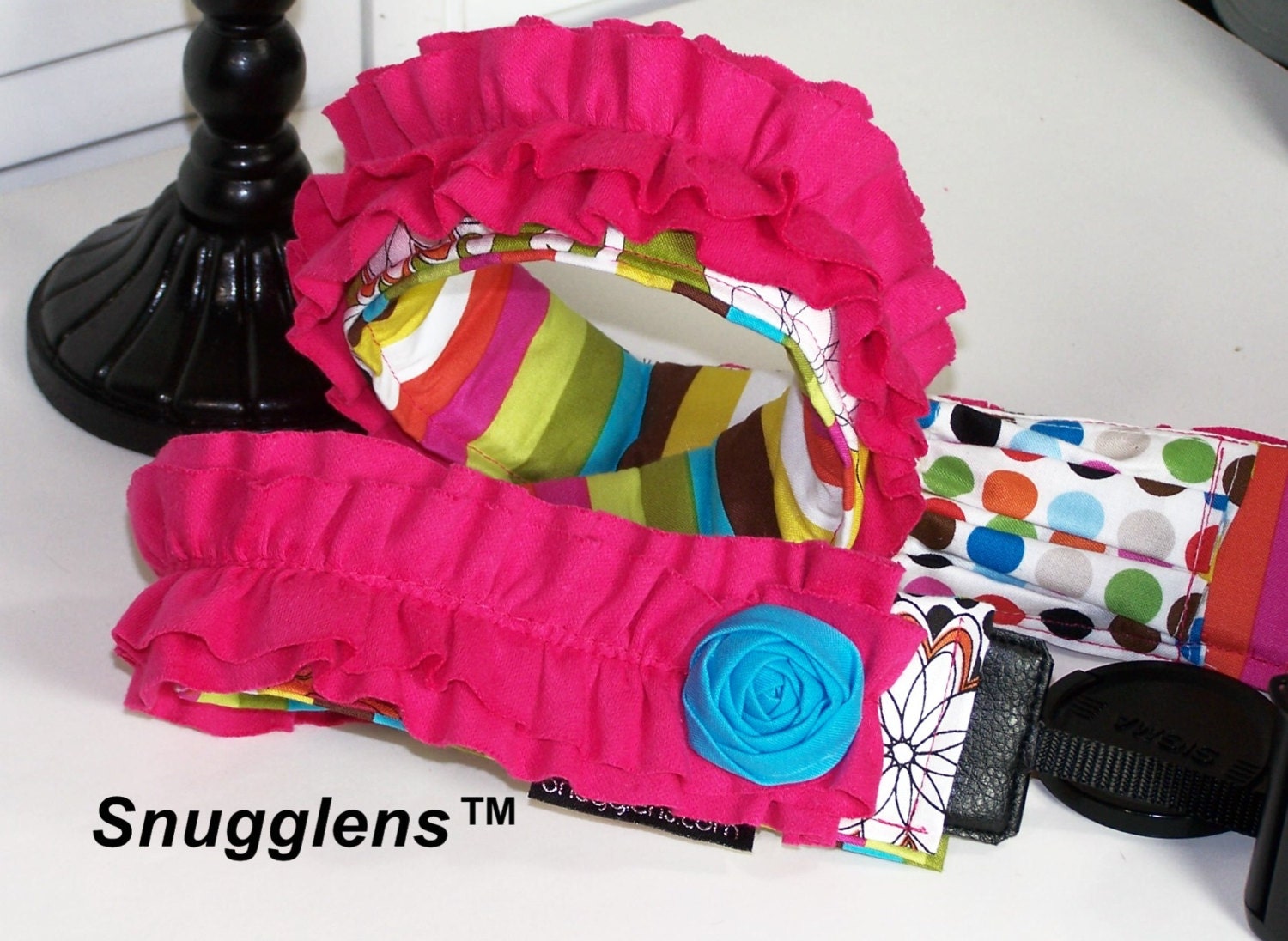 camera strap padded - lens cap pocket-luscious candy-aqua-pink-ruffles-rosettes---by SNUGGLENS