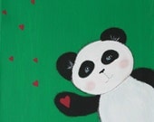 Original Panda Bear Painting on 12 x 12 inch Canvas NURSERY ART kelly green hearts BABY shower gift