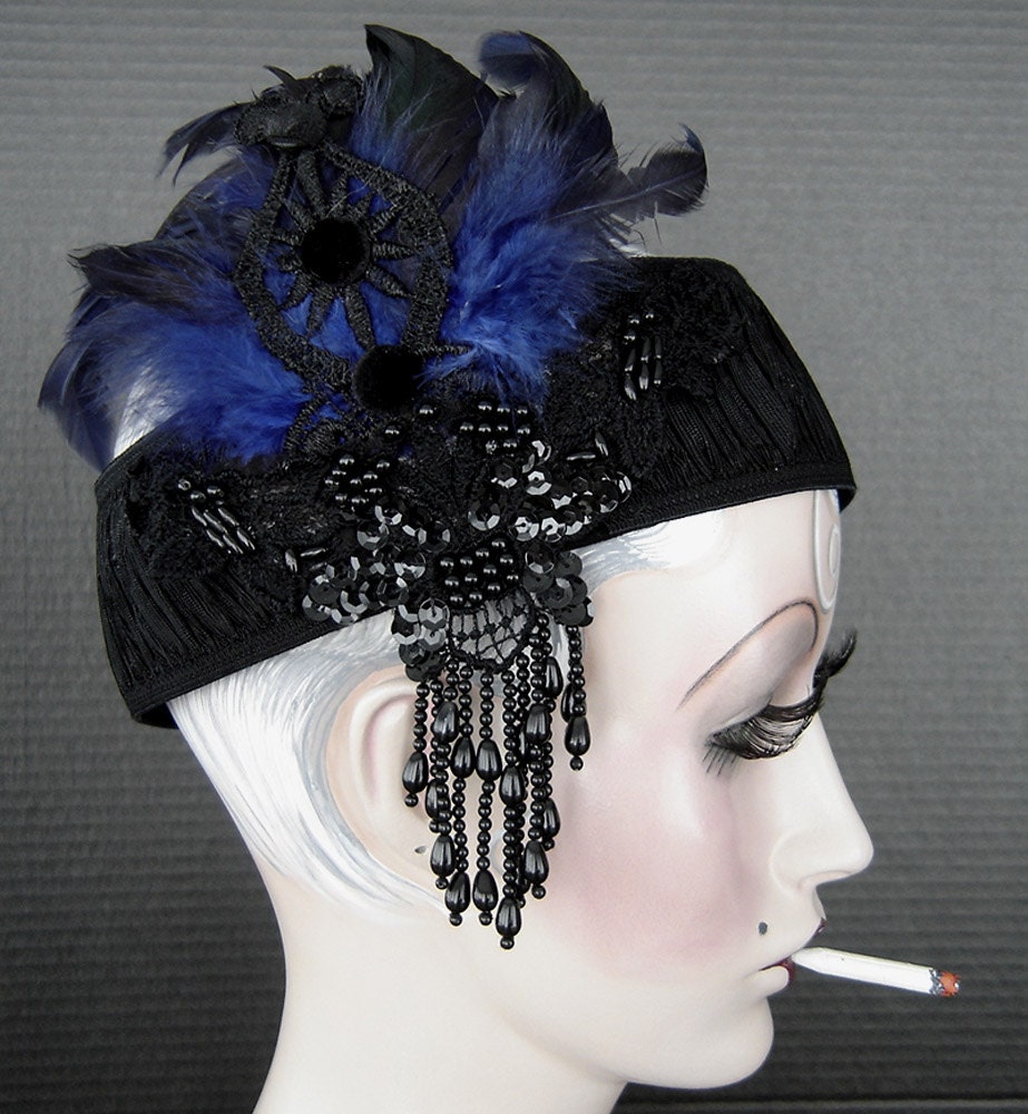 Gatsby Flapper Headpiece With Blue Feathers And Beads