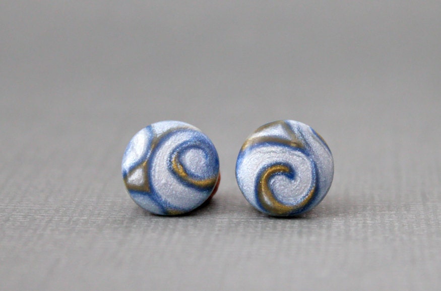 Stud earrings. Blue gold swirls. Post earrings. Studs. Earring posts. Polymer clay. Round flat. 11mm