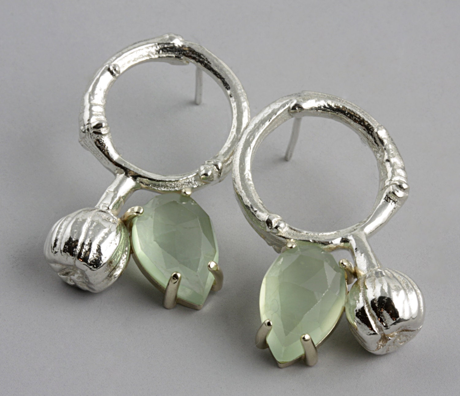 ON SALE - 50% OFF - Twig Earrings - Sterling Silver Circle Earrings - Rose Cut Prehnite - Green Stone - Anemone Flower Bud - Ready to Ship