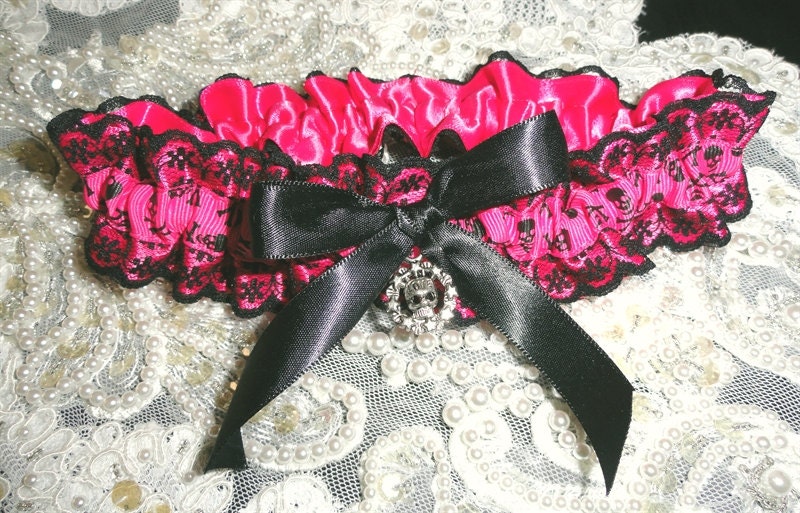 Hot Pink-Black Lace Skull and Crossbones Garter