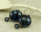 Midnight Blue Swirl Lampwork Bead Earrings -  Montana Blue Swarovski Crystal - Sterling Silver Wires