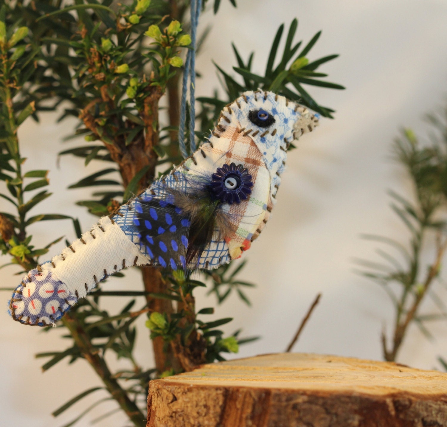 Nature Series - Small Hand Embroidered Blue Bird Quilty Critter - Birdy, Bird Watchers, Feathered Friend ornament, Folk Art