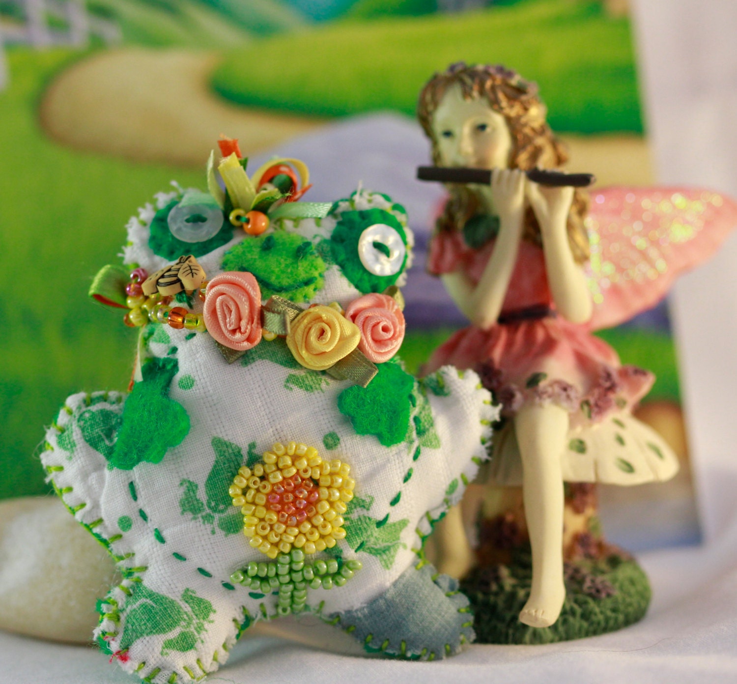 Springtime Bright and Happy Froggy - Quilty Critter Frog - Green Floral, Beaded, Embroidered, Ornament