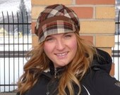 Jax Hats in brown, gold and red plaid made from upcycled skirt