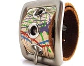 Graffiti Butterfly Leather Cuff Bracelet Mini Belt with Silver Buckle, Adjustable, Wristband, OOAK