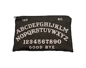 Ouija Board Makeup Bag / Pencil Pouch - Charcoal Black with White Letters - Spooky - Vintage Halloween