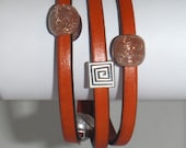 Orange Euro Leather and Pewter Bangle Bracelet