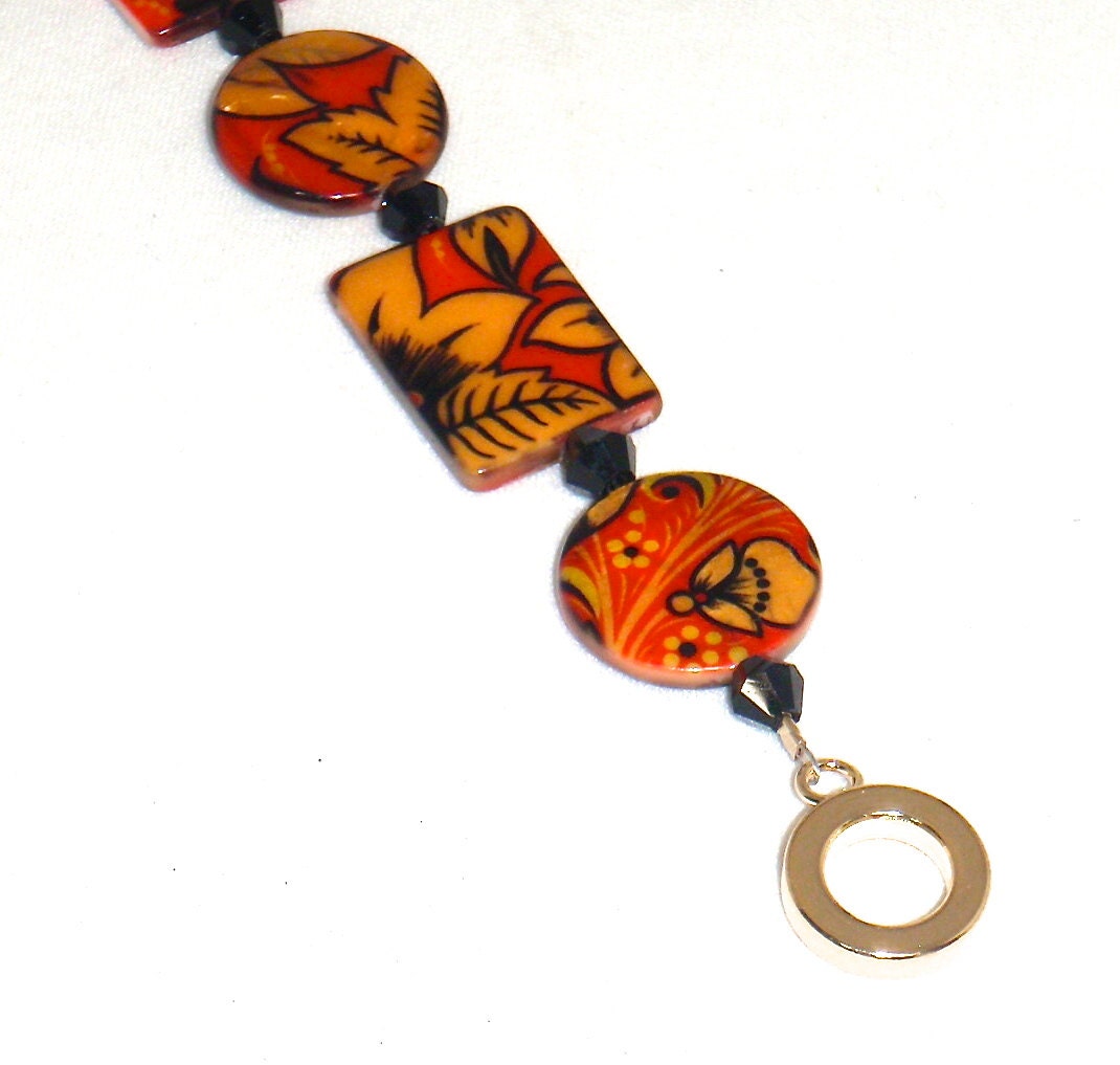 Red Yellow Black Flowers Glass Bracelet