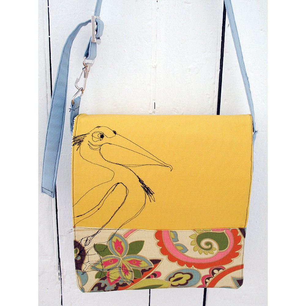 Yellow canvas Messenger with Stitched Pelican