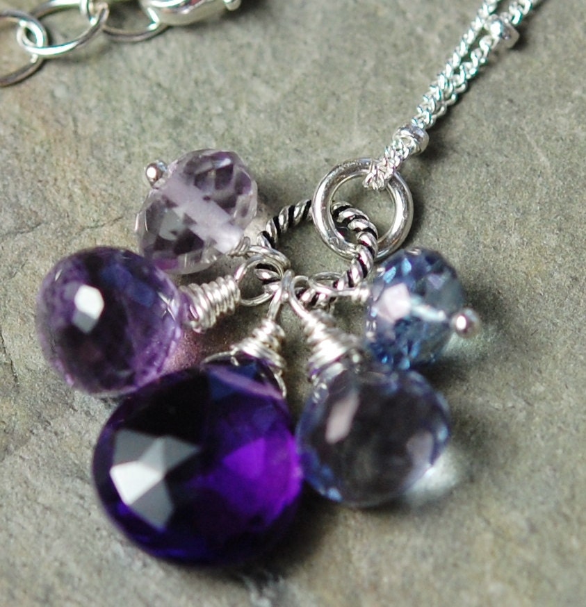Gemstone Trinket Necklace, Grape, Purple, Blue Quartz, Amethyst, Sterling Silver, Wire Wrapped Charms