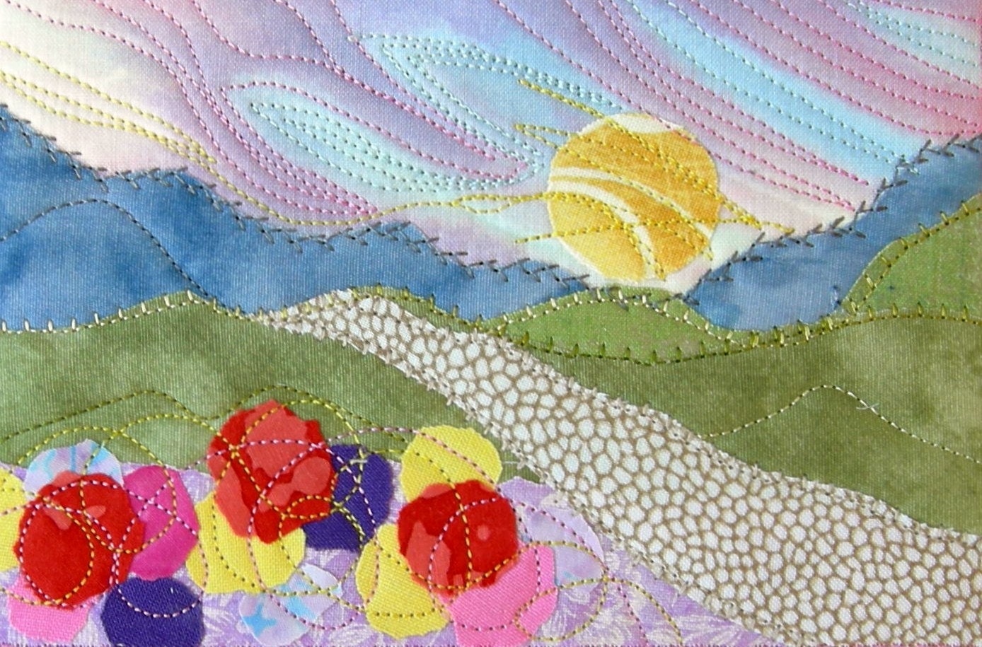 Colorful Mountain Sunrise Hike Handmade Fabric Postcard, Quilted Greeting Card, Postcard Art