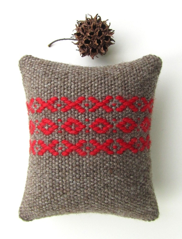 Handwoven Pincushion - Swedish Rosepath Pincushion in Wool - Red and Brown Handwoven Pincushion with X and O Pattern - Valentine's Day Gift