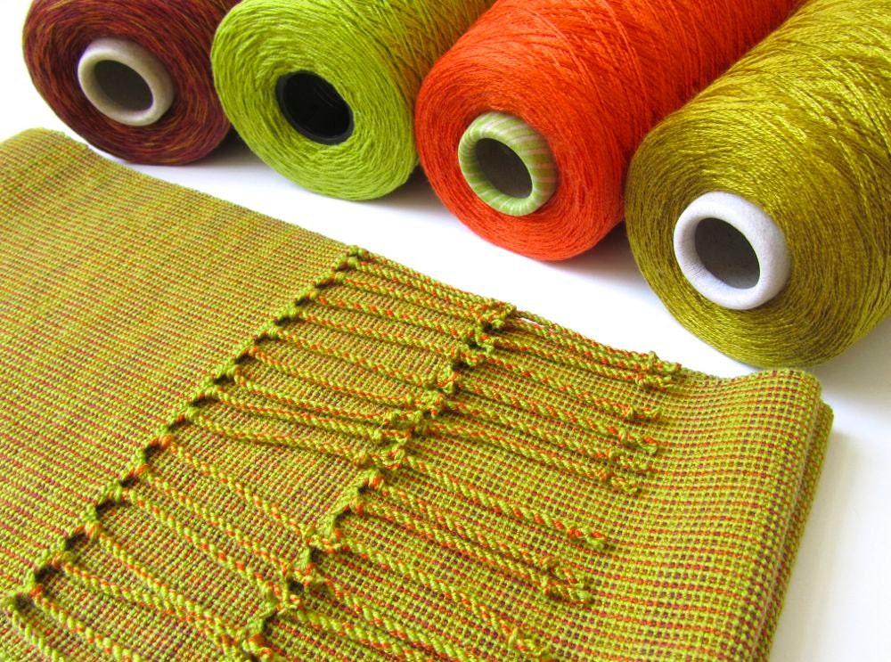 Handwoven Scarf in Multicolors of Chartreuse , Orange , Spring Green and Variegated Rust - Extra Long Length