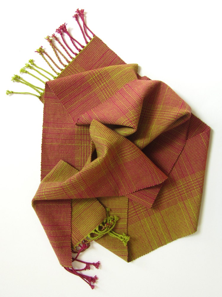 Handwoven Cotton Scarf in Gradations of Lime Green and Deep Fuchsia