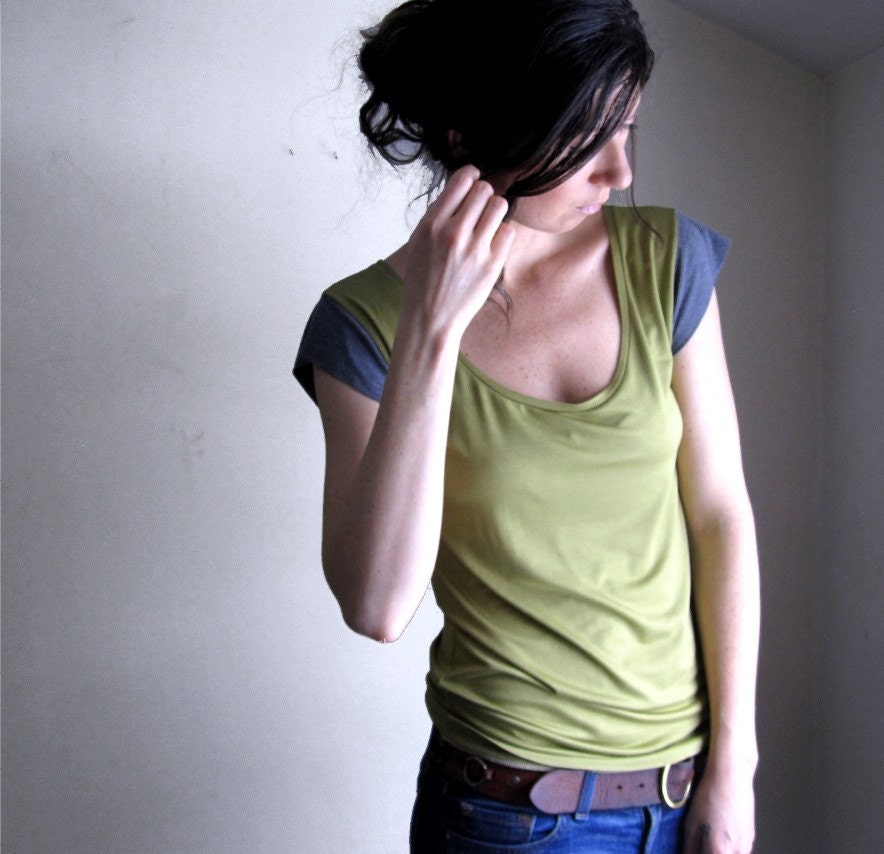 Citrine Color Block T Shirt / Pale Chartreuse Tee / Light Green Women's Blouse / Made to Order