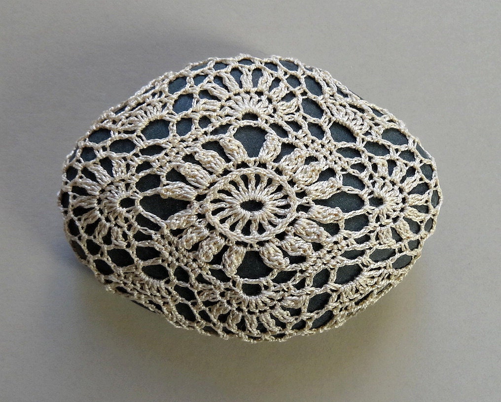 Folk Art, Table Decorations, Crochet Lace Stone, Original, Handmade, Mixed Media, Home Decor, Woodland, Light Beige, Deep Gray Stone