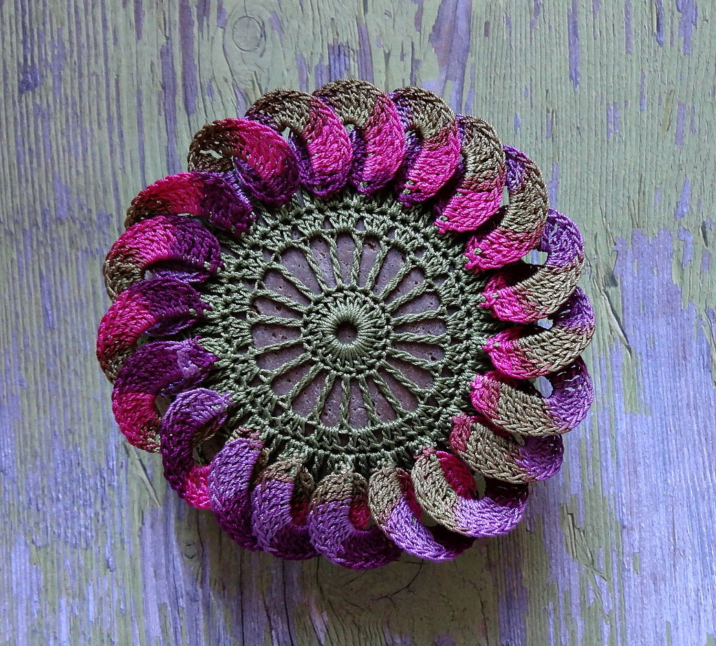 Art Object, Mixed Media, Original, Crochet Lace Flower Stone, Handmade, Table Decorations, Wedding, Purple, Green