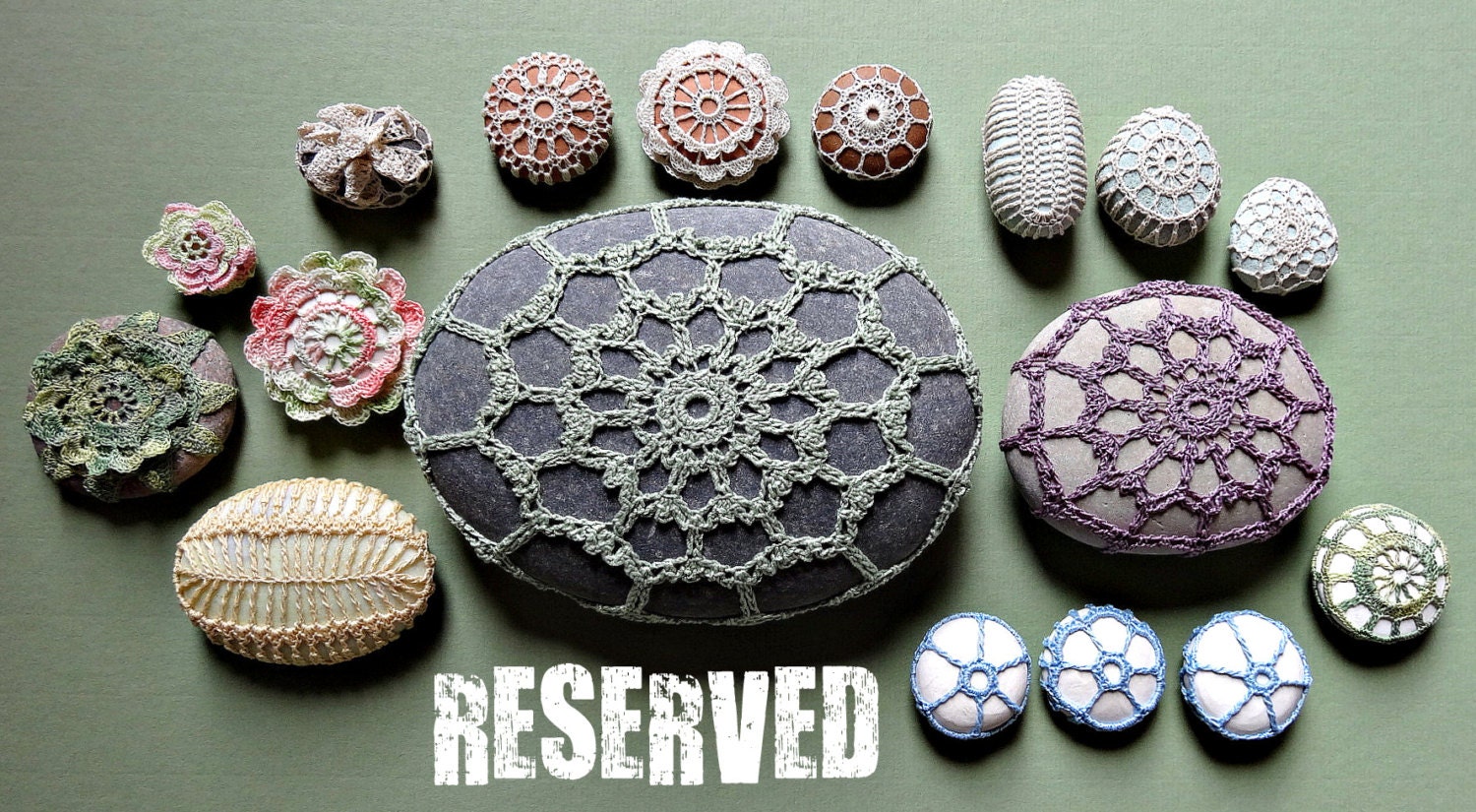 RESERVED  Decorative Arts, Art Object, Mixed Media, Crochet Lace Stone, Original, Handmade, Table Decorations, Soft Purple