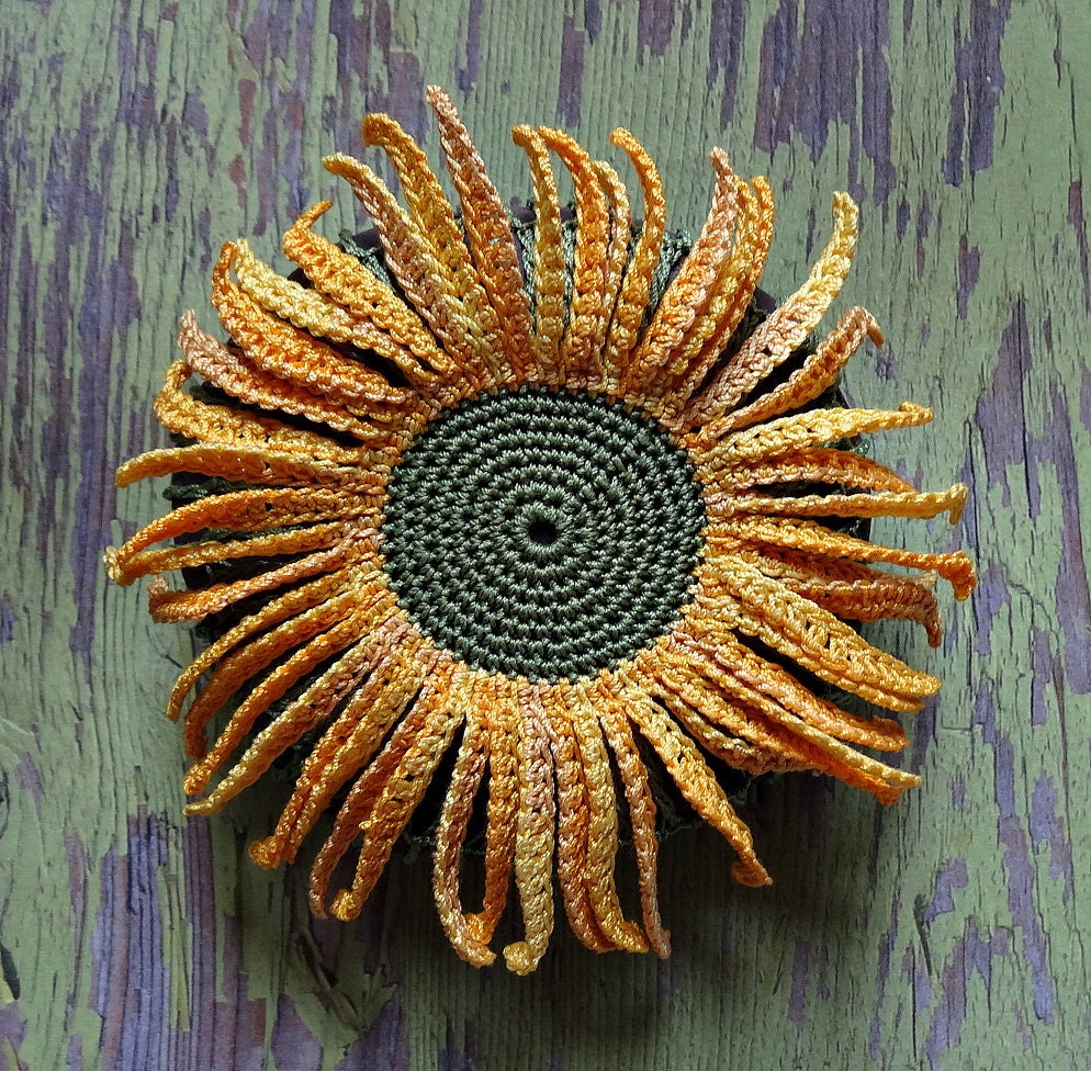 RESERVED  Folk Art, Mixed Media, Crochet Flower Stone, Original, Handmade, Sunflower, Table Decorations, Nature, Garden, Decorative Arts