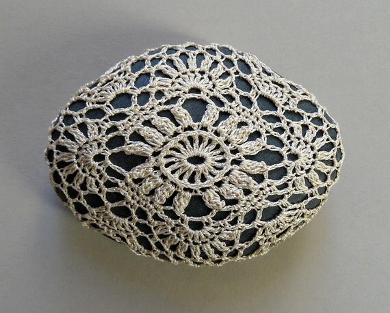 Folk Art, Table Decorations, Crochet Lace Stone, Original, Handmade, Mixed Media, Home Decor, Woodland, Light Beige, Deep Gray Stone